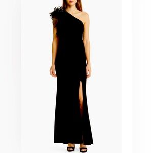 Marina Ruffle One-Shoulder Crepe Gown Size 12, Black